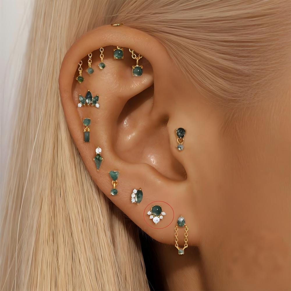 S925 Natural Moss Agent Triple Hidden Forward Helix Stud