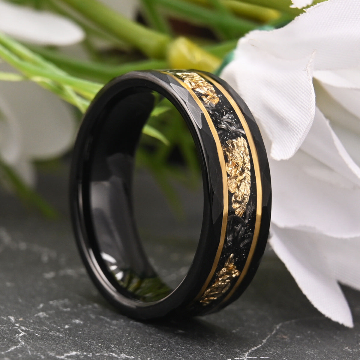 comfotable Hammered Black Tungsten Ring 