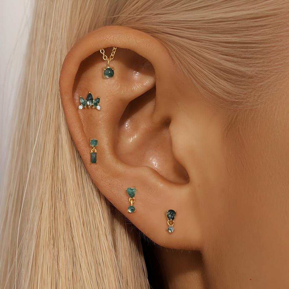 S925 Natural Moss Agent Marquise Lotus Helix Stud