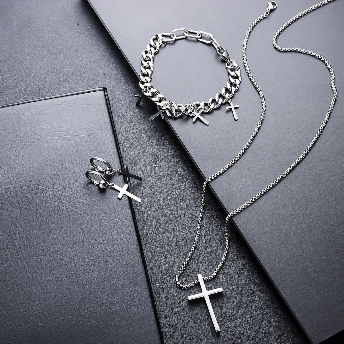 Men’s Polished Cross Pendant Jewelry Set