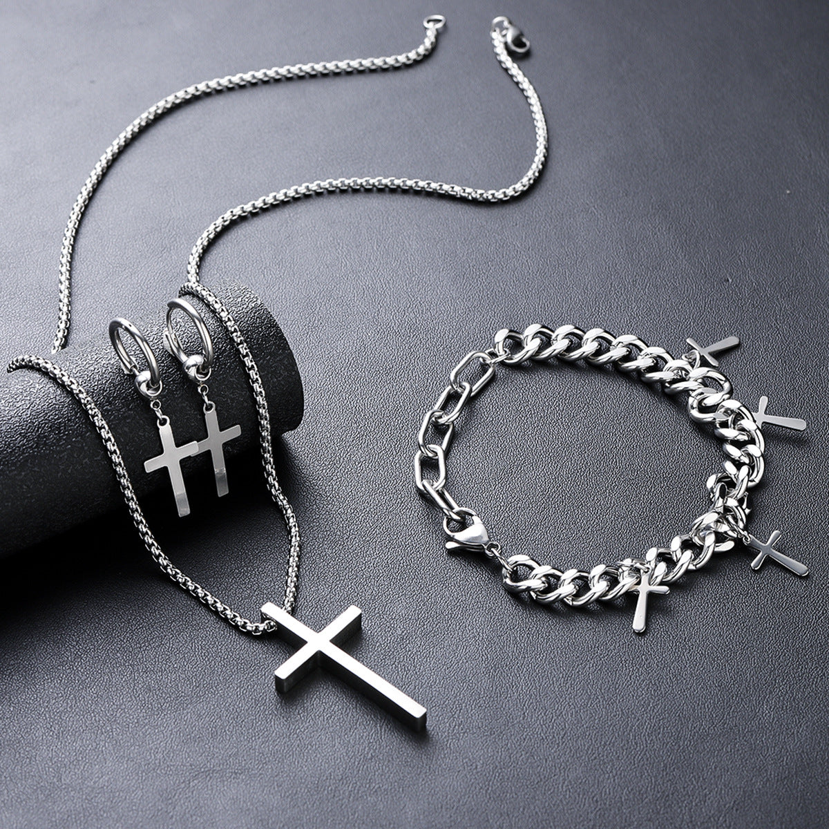 Men’s Polished Cross Pendant Jewelry Set