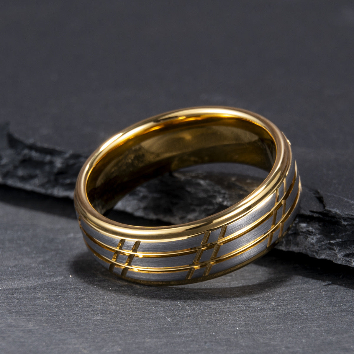 engraved Gold Tungsten Carbide Band