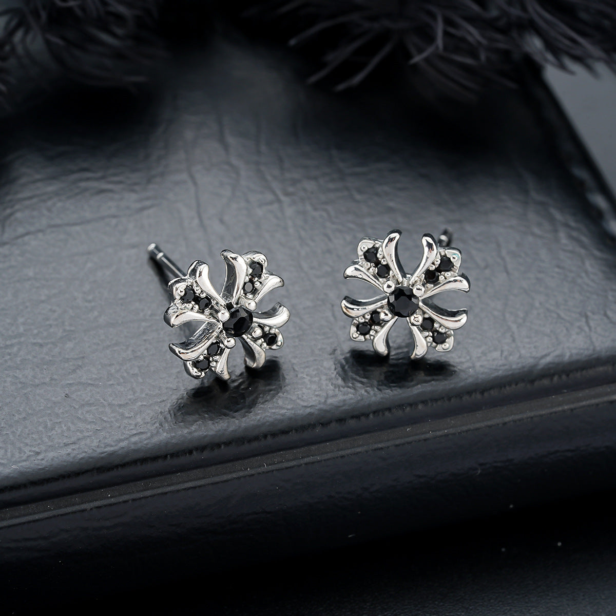 ORVAN Duality Black & White Zircon Cross Stud Earrings