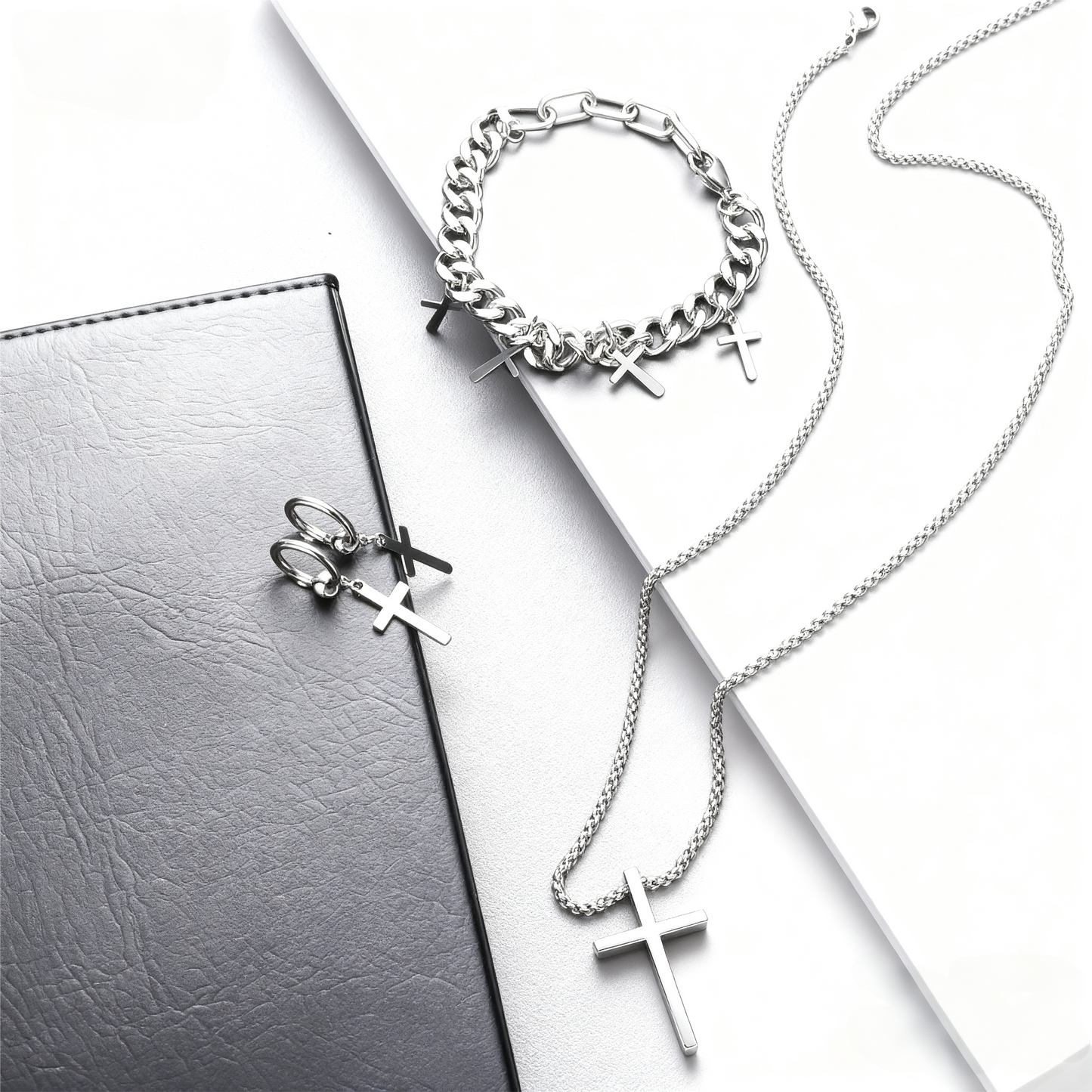 Men’s Polished Cross Pendant Jewelry Set