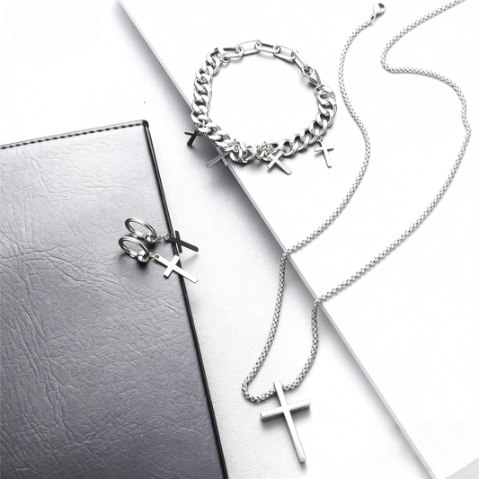 Men’s Polished Cross Pendant Jewelry Set