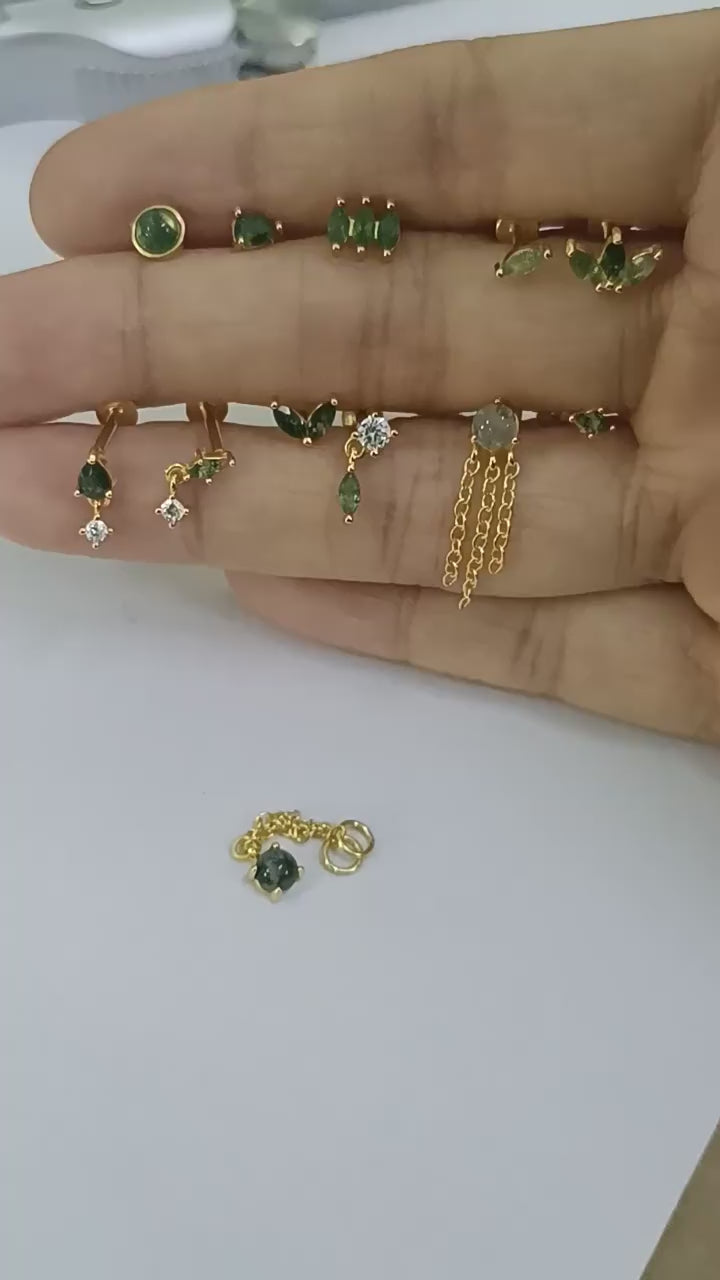 S925 Natural Moss Agent Triple Hidden Forward Helix Stud